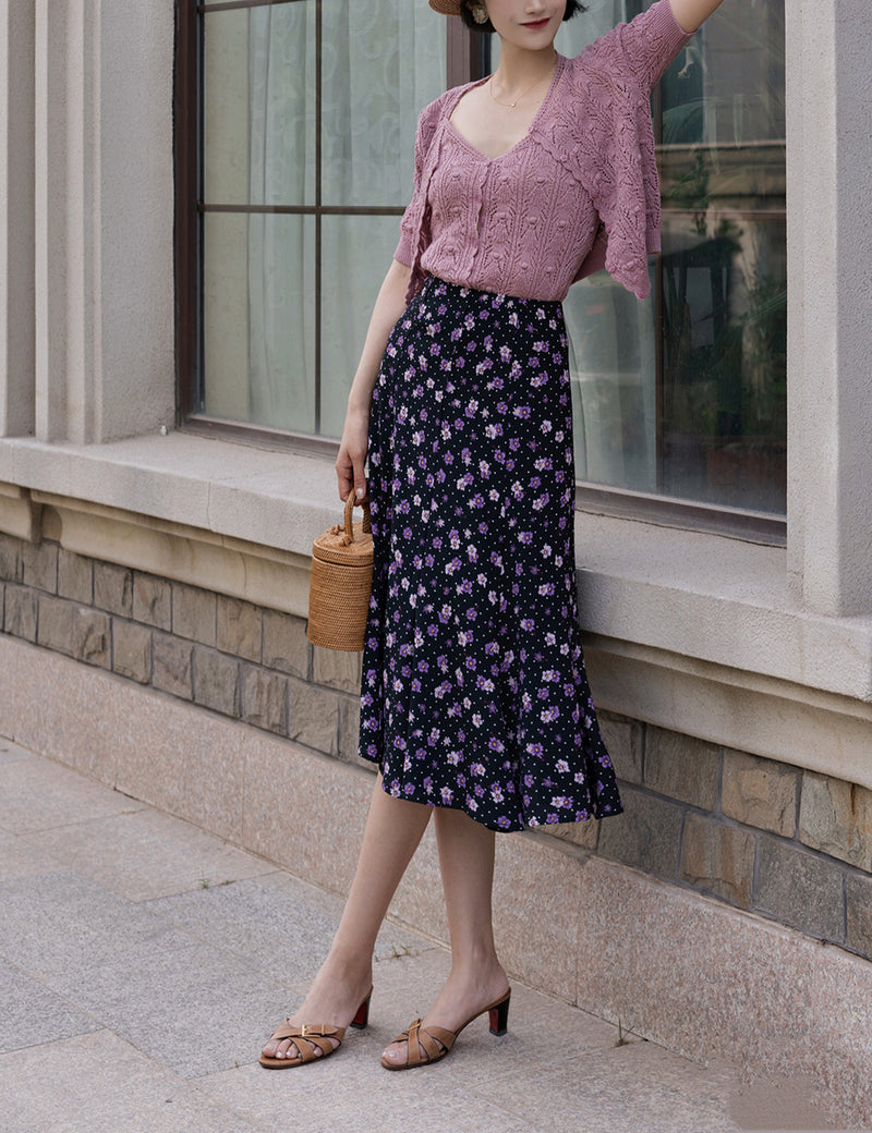 本紫の花模様レトロマーメイドスカート