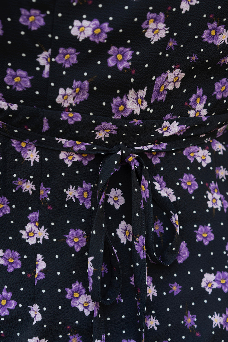 本紫の花模様レトロノースリーブワンピース