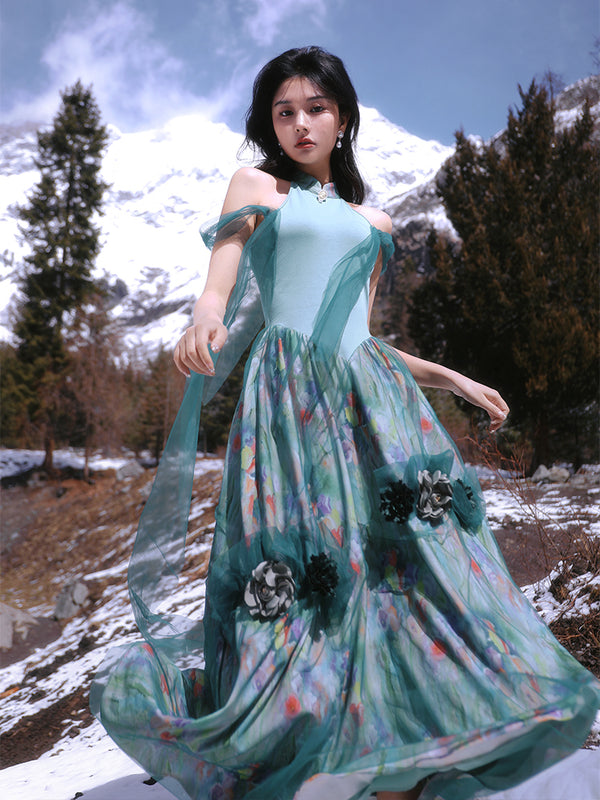 Peony flower oil painting pole gown dress and cardigan