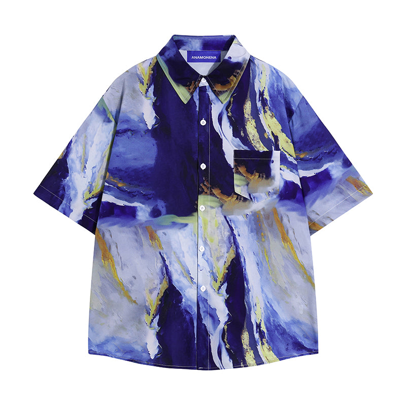 青紫の抽象画シャツ