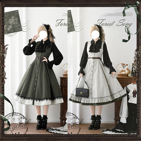 灰緑の縦縞クラシカルジャンパースカート - ロング丈[2025年12月下旬-2026年1月下旬発送予定]