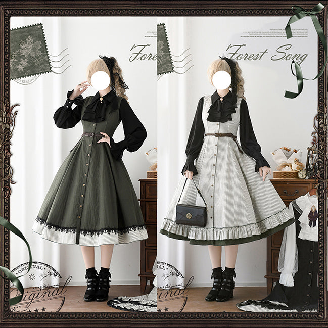 灰緑の縦縞クラシカルジャンパースカート - ロング丈[2025年12月下旬-2026年1月下旬発送予定]