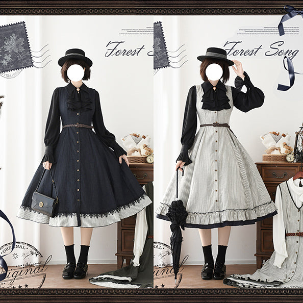 濃紺の縦縞クラシカルジャンパースカート - ロング丈[2025年12月下旬-2026年1月下旬発送予定]