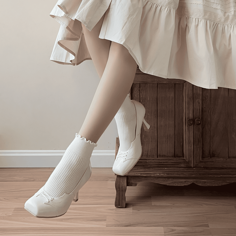 White Lace Up Square Toe Heel Pumps[2024年11月下旬-12月中旬発送予定]