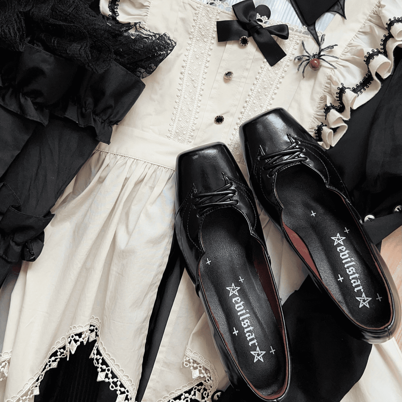 Black Lace Up Square Toe Heel Pumps[2024年11月下旬-12月中旬発送予定]