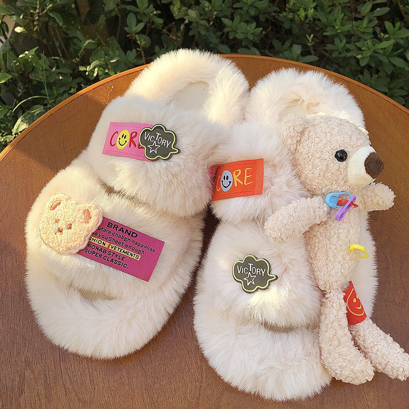 Plush and Applique Fur Slippers