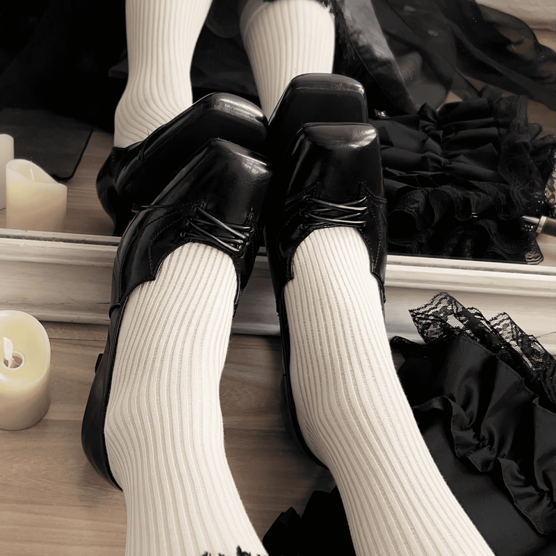 Black Lace Up Square Toe Heel Pumps[2024年11月下旬-12月中旬発送予定]