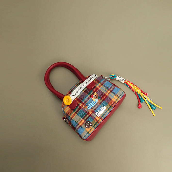 Dachshund Embroidered Checked Handbag