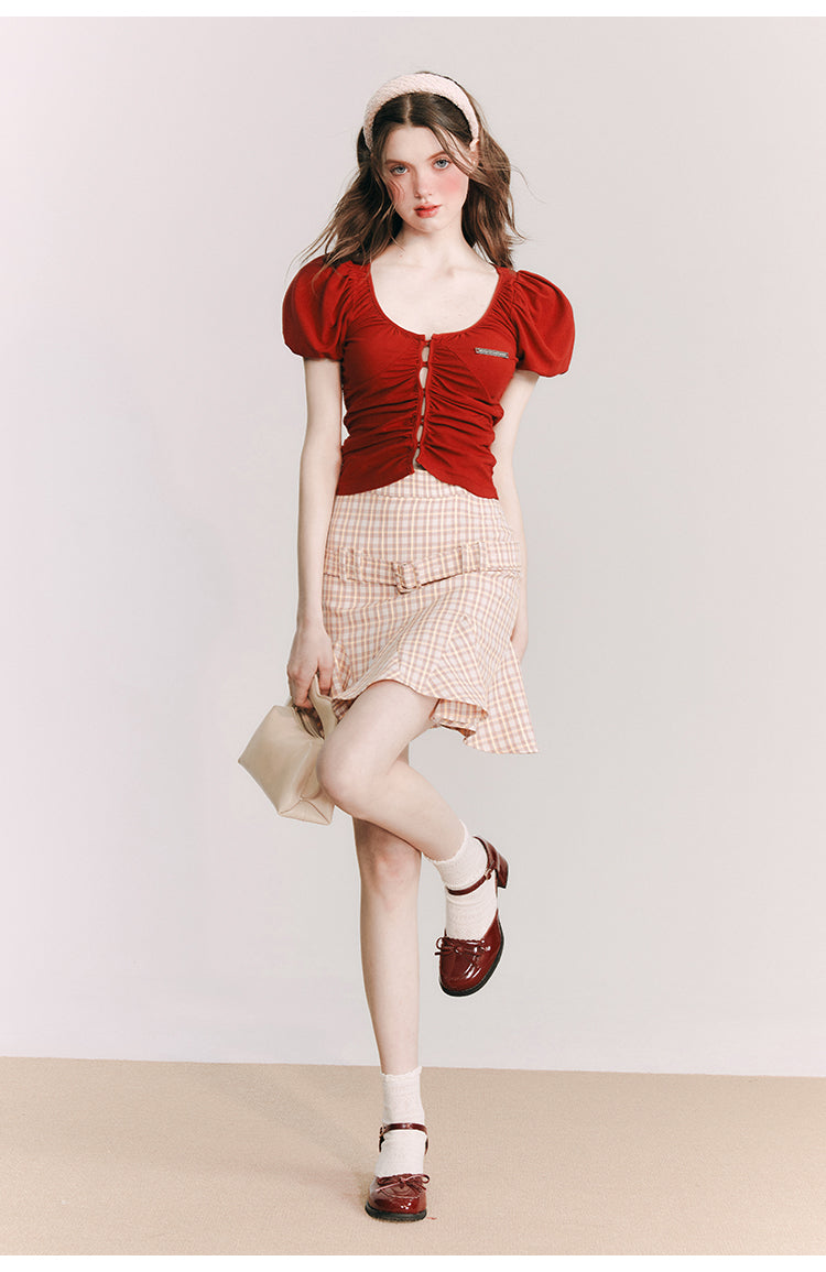 英国少女の格子柄ベルトショートスカート