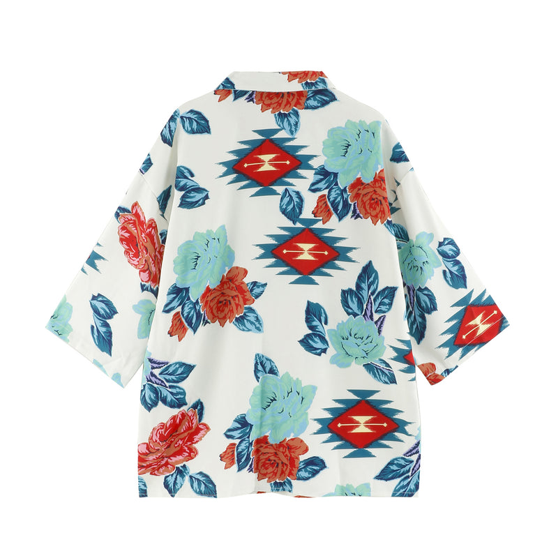 Tropical Flowers and Geometric Pattern Blouse