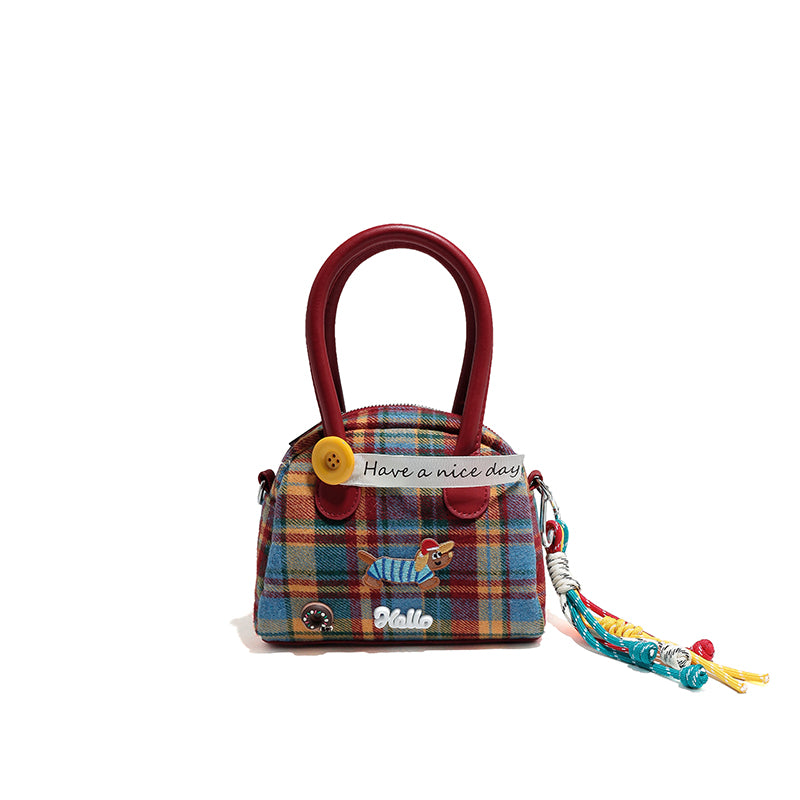 Dachshund Embroidered Checked Handbag