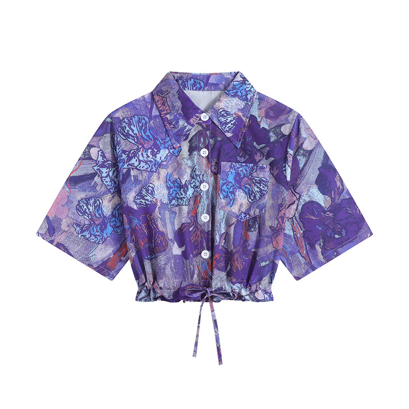 本紫の花の抽象画ショートシャツ