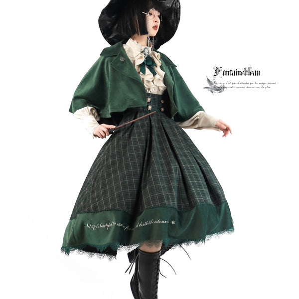Dark green plaid princess jumper skirt, short cape and high neck ribbon blouse [scheduled to be shipped from early April to late April 2023]