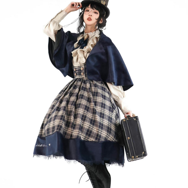 Dark blue plaid princess jumper skirt, short cape and high neck ribbon blouse [scheduled to be shipped from early April to late April 2023]