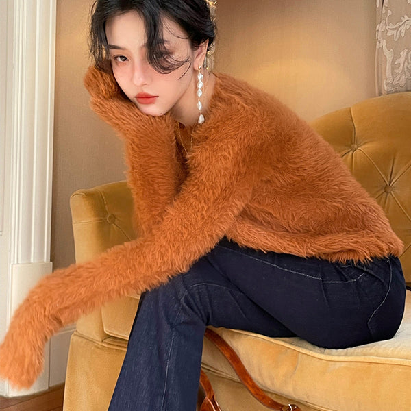 Fluffy knit sweater for young ladies