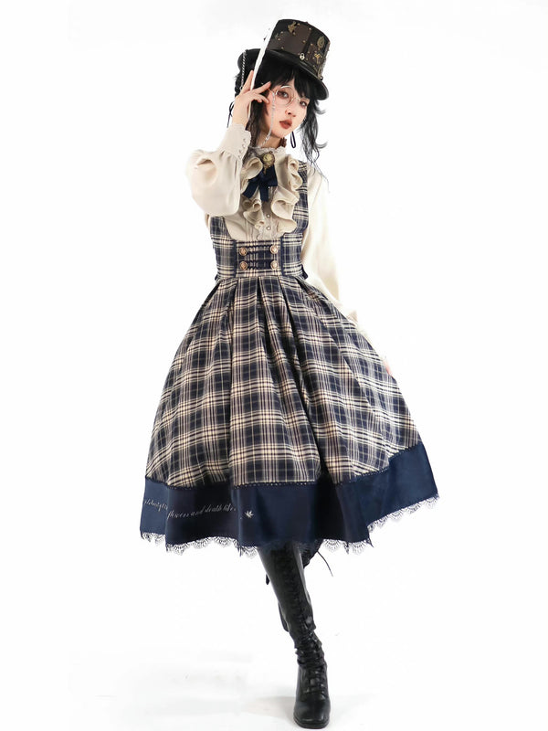Dark blue plaid princess jumper skirt, short cape and high neck ribbon blouse [scheduled to be shipped from early April to late April 2023]