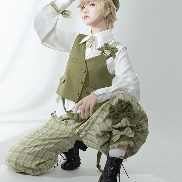 Secret Detective Ribbon Vest, Cropped Pants and Pleated Blouse (Moss Green) [Planned to be shipped from early June to late June 2023]