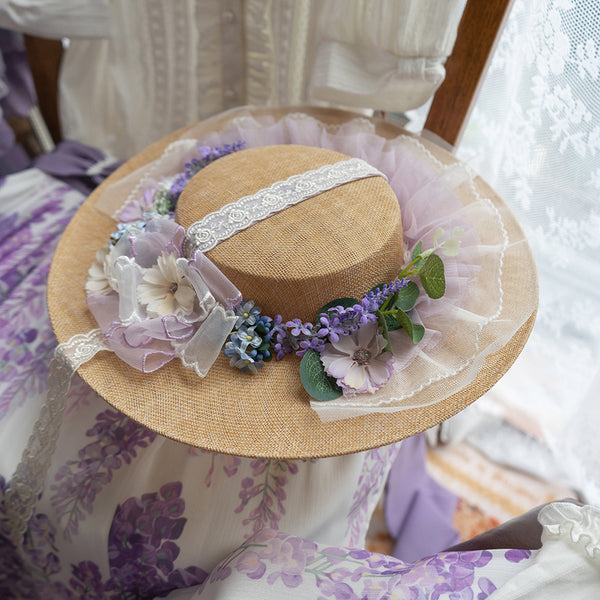 紫藤と紫陽花の花編み帽子