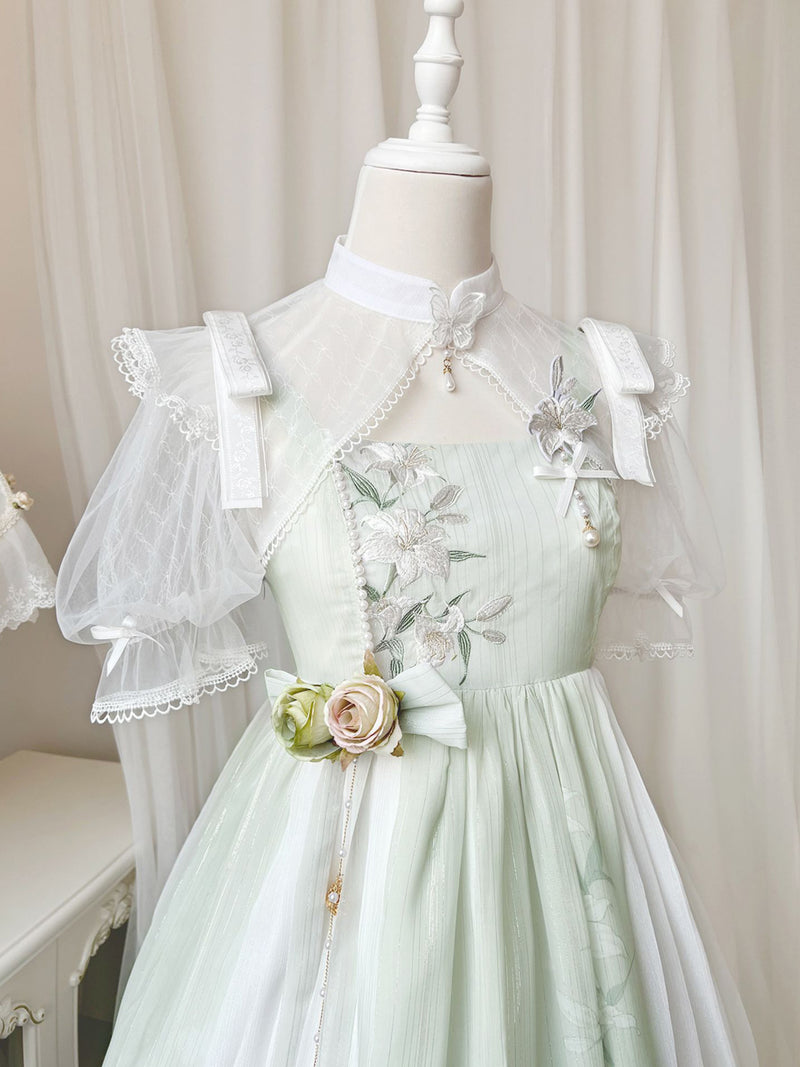 Light green lily flower embroidery jumper skirt and short bolero