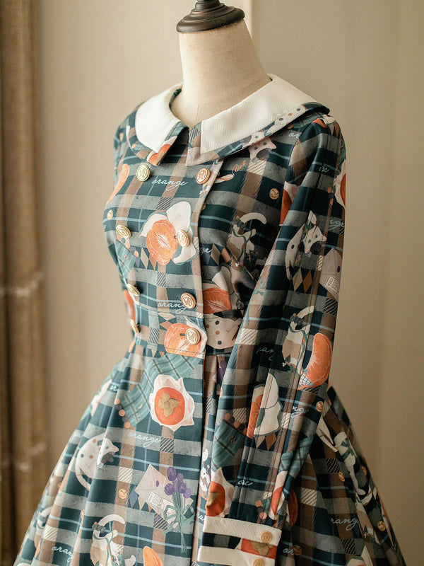 Persimmon cat and bouquet plaid classical dress (dark green)