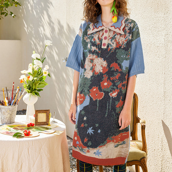 Knit polo dress with sunflowers in a vase, cornflowers in a vase and poppies