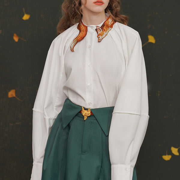 Red fox collar embroidery long shirt