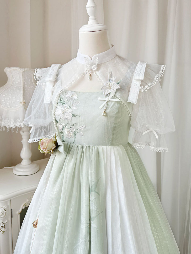 Light green lily flower embroidery jumper skirt and short bolero