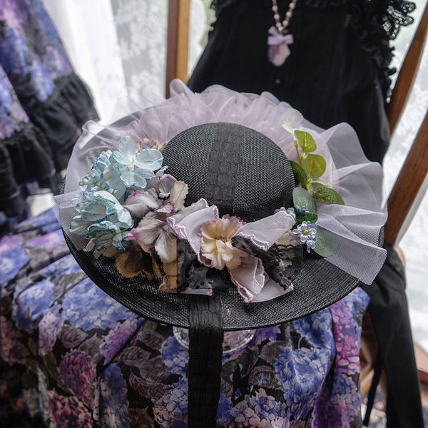 Purple wisteria and hydrangea flower crochet hat