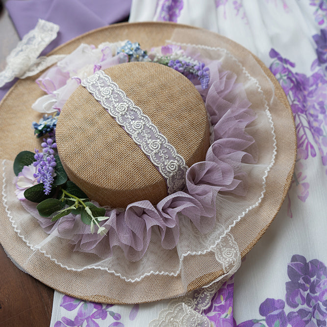 紫藤と紫陽花の花編み帽子