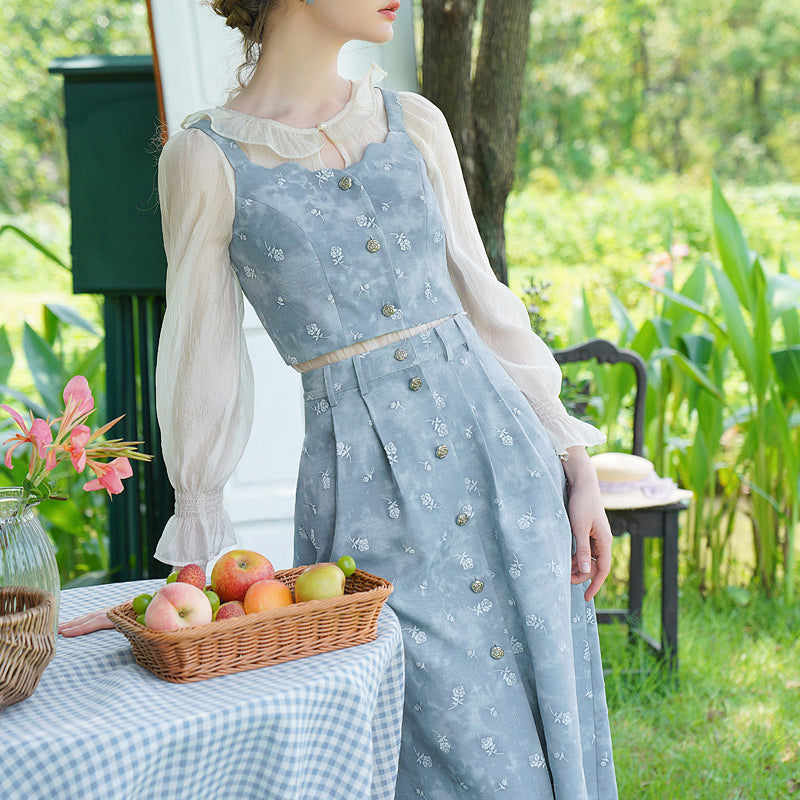 Light blue rose embroidery denim bustier and denim flared skirt and chiffon blouse