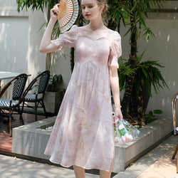 Abstract painting jacquard dress blurred in thin cherry blossoms 