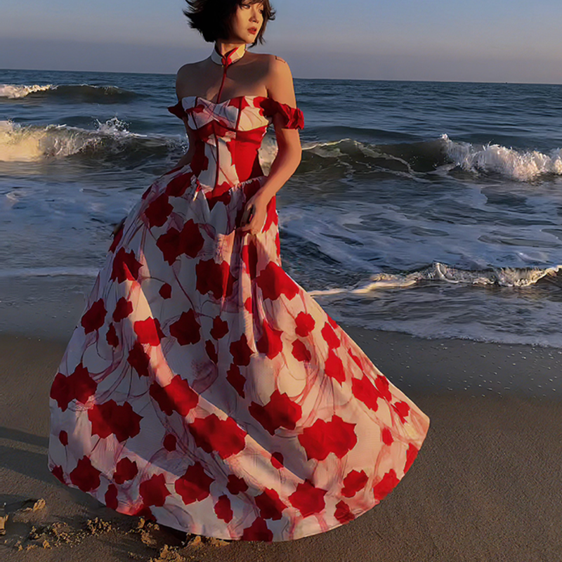 Crimson rose pattern China dress (off-shoulder)