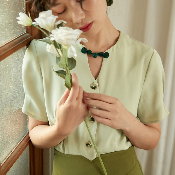 gray green lady cheongsam blouse