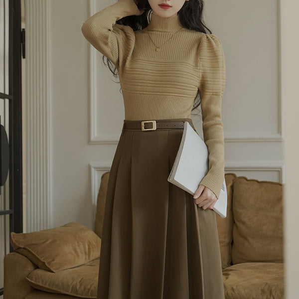Gray brown literary pleated skirt and high neck sweater 
