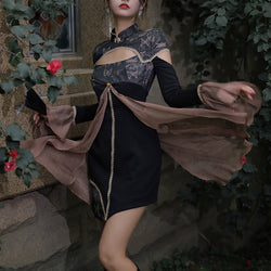 Twilight Butterfly and Dragonfly Embroidery Short China Dress