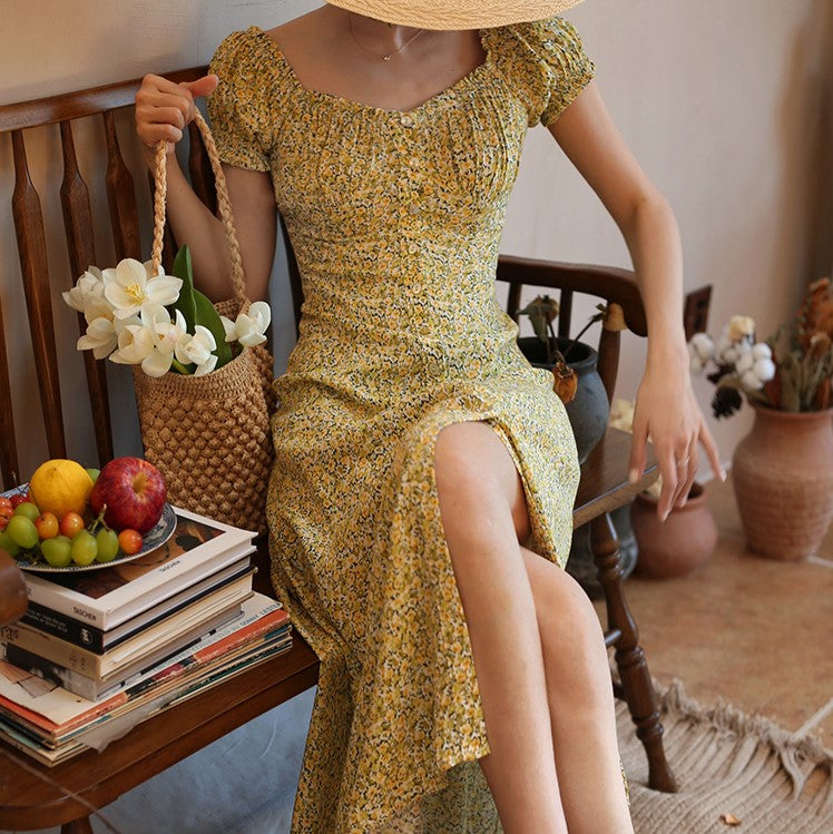 yellow green flower crowd french dress