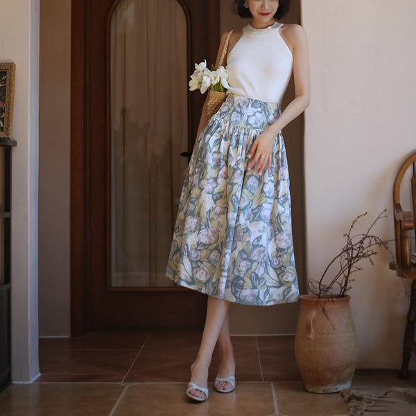 Celadon Floral Pattern Hepburn Skirt