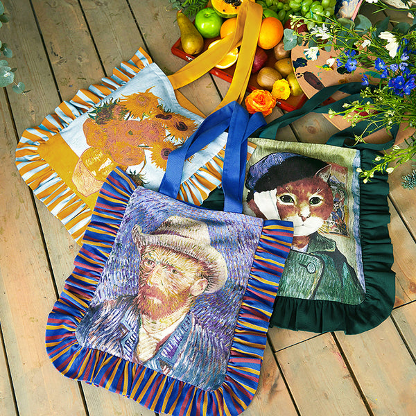 Tote bag with sunflowers in a vase and self-portrait by Van Gogh and self-portrait of a bandaged cat