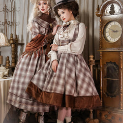 Gray brown checkered lady jumper skirt, short cape and high neck ribbon blouse