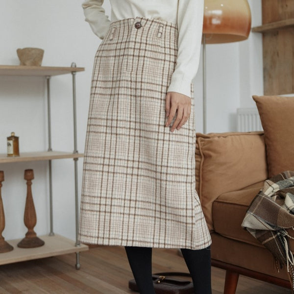 white-brown plaid wool skirt