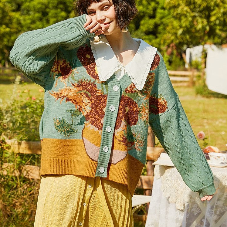ゴッホの自画像と花瓶の向日葵のセーターカーディガン