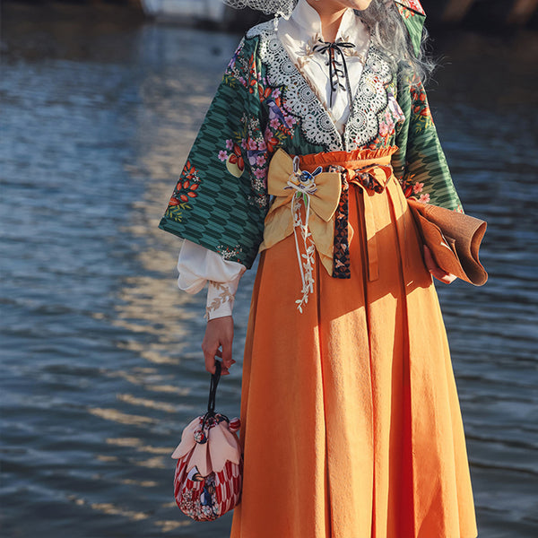 Taisho Romantic Flower and Bird Pattern High Waist Skirt