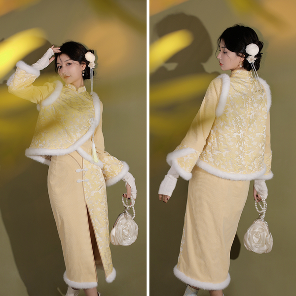 pale yellow flower crowd cheongsam tops and skirts