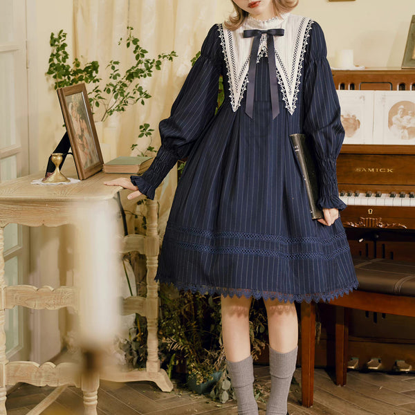 Dark blue vertical stripe embroidery classical dress [Planned to be shipped from early April to late April 2023]