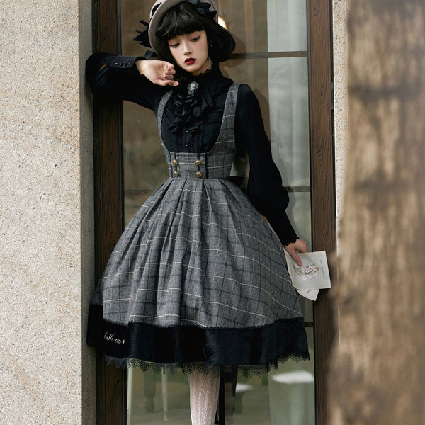 Black ash plaid princess jumper skirt, short cape and high neck ribbon blouse