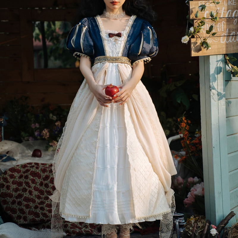 エリザベス白雪姫 白紺色ワンピース、冠、マント vintage ロリータ 結婚式 - ロングワンピース