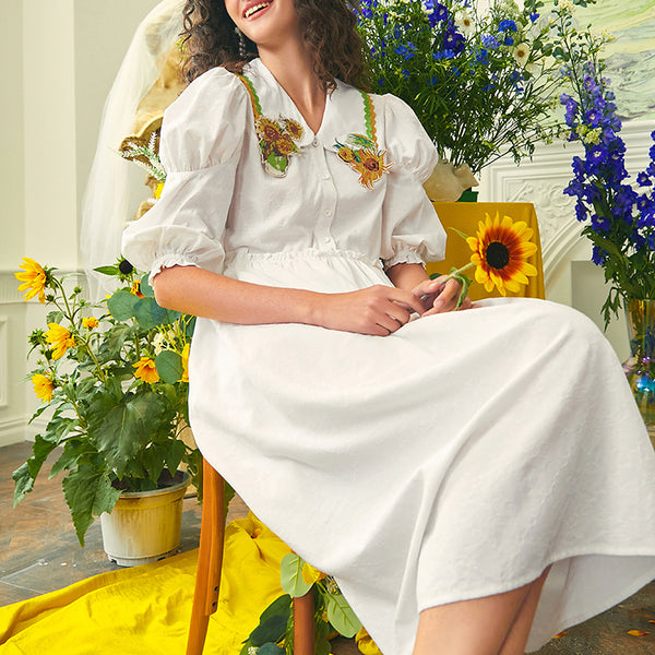 Embroidered sunflower jacquard dress