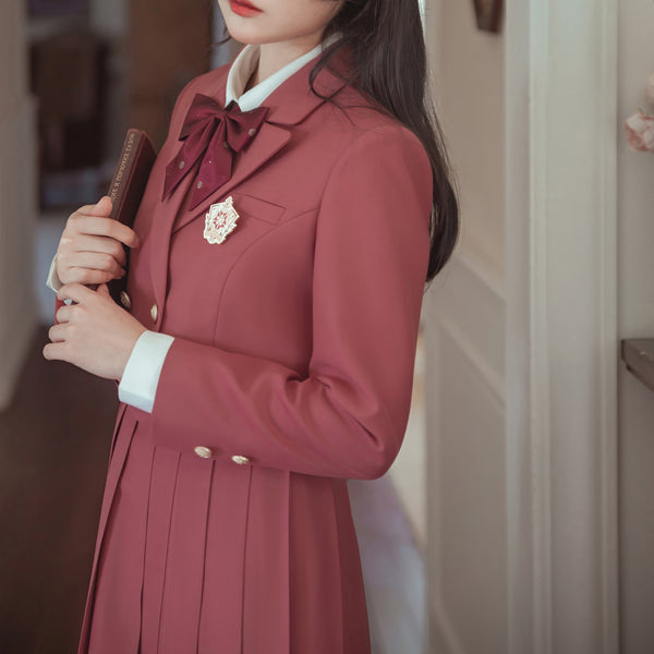 Light crimson literary girl classical jumper skirt and short jacket and blouse