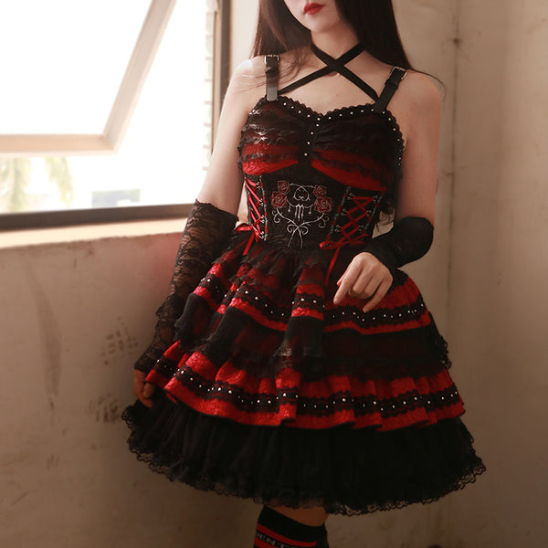 暗黒薔薇の刺繍コルセットジャンパースカート-Short Ver