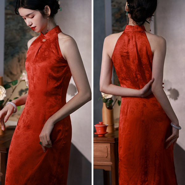 Chinese dress with Chinese red flower pattern